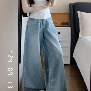 Light Blue High-Waisted Wide-Leg Jeans for Women - Vintage Loose Straight Pants for Summer, Leg-Elongating Style