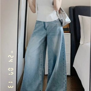 Light Blue High-Waisted Wide-Leg Jeans for Women - Vintage Loose Straight Pants for Summer, Leg-Elongating Style