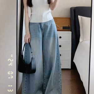 Light Blue High-Waisted Wide-Leg Jeans for Women - Vintage Loose Straight Pants for Summer, Leg-Elongating Style