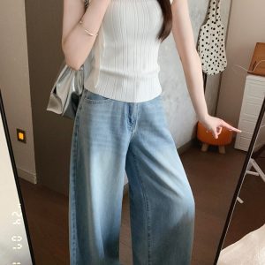 Light Blue High-Waisted Wide-Leg Jeans for Women - Vintage Loose Straight Pants for Summer, Leg-Elongating Style