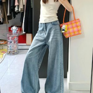 Light Blue High-Waisted Wide-Leg Jeans for Women, Loose Fit Summer Style, Flattering Straight-Leg Floor-Length Pants