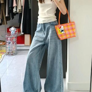 Light Blue High-Waisted Wide-Leg Jeans for Women, Loose Fit Summer Style, Flattering Straight-Leg Floor-Length Pants