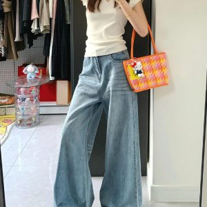 Light Blue High-Waisted Wide-Leg Jeans for Women, Loose Fit Summer Style, Flattering Straight-Leg Floor-Length Pants
