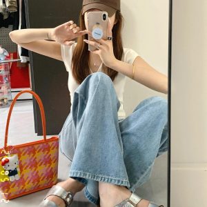 Light Blue High-Waisted Wide-Leg Jeans for Women, Loose Fit Summer Style, Flattering Straight-Leg Floor-Length Pants
