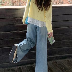 Light Blue High-Waisted Wide-Leg Jeans for Women, Retro Summer Style, Loose Fit Straight-Leg, Slimming Floor-Length Pants