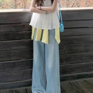 Light Blue High-Waisted Wide-Leg Jeans for Women, Retro Summer Style, Loose Fit Straight-Leg, Slimming Floor-Length Pants