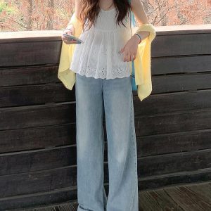 Light Blue High-Waisted Wide-Leg Jeans for Women, Retro Summer Style, Loose Fit Straight-Leg, Slimming Floor-Length Pants
