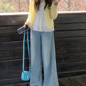 Light Blue High-Waisted Wide-Leg Jeans for Women, Retro Summer Style, Loose Fit Straight-Leg, Slimming Floor-Length Pants