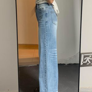 Light Blue High-Waisted Wide-Leg Jeans for Women, Summer Style, Washed Loose Fit, Slimming Versatile Straight-Leg Long Pants