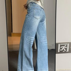Light Blue High-Waisted Wide-Leg Jeans for Women, Summer Style, Washed Loose Fit, Slimming Versatile Straight-Leg Long Pants