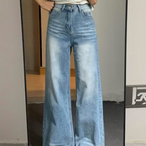 Light Blue High-Waisted Wide-Leg Jeans for Women, Summer Style, Washed Loose Fit, Slimming Versatile Straight-Leg Long Pants