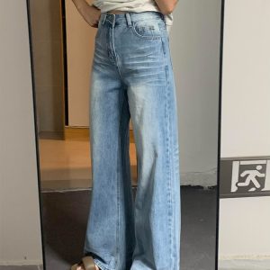 Light Blue High-Waisted Wide-Leg Jeans for Women, Summer Style, Washed Loose Fit, Slimming Versatile Straight-Leg Long Pants
