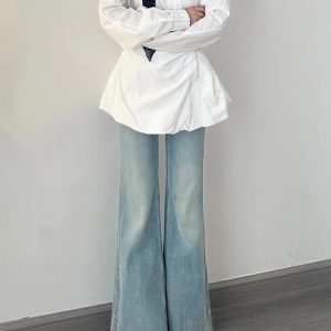 Light Blue Low-Waist Flared Jeans for Women - Summer Slim Wide-Leg Floor-Length Pants