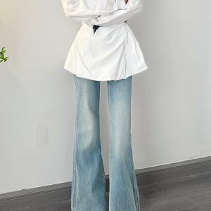 Light Blue Low-Waist Flared Jeans for Women - Summer Slim Wide-Leg Floor-Length Pants