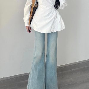 Light Blue Low-Waist Flared Jeans for Women - Summer Slim Wide-Leg Floor-Length Pants