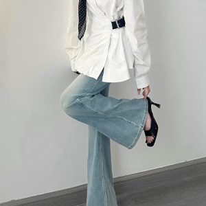 Light Blue Low-Waist Flared Jeans for Women - Summer Slim Wide-Leg Floor-Length Pants