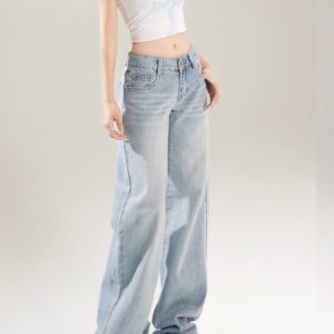 Light Blue Low-Waist Wide-Leg Jeans for Women - Retro 2025 Spring Summer Loose Draped Straight-Leg Floor-Length Pants