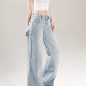 Light Blue Low-Waist Wide-Leg Jeans for Women - Retro 2025 Spring Summer Loose Draped Straight-Leg Floor-Length Pants
