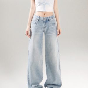 Light Blue Low-Waist Wide-Leg Jeans for Women - Retro 2025 Spring Summer Loose Draped Straight-Leg Floor-Length Pants