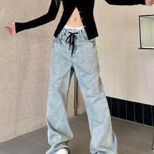 Light Blue Ripped Straight-Leg Jeans with Tie-Up Wide-Leg, Retro American Style, Slimming Floor-Length Trendy Pants