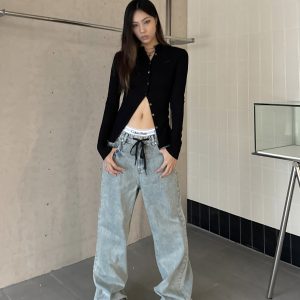 Light Blue Ripped Straight-Leg Jeans with Tie-Up Wide-Leg, Retro American Style, Slimming Floor-Length Trendy Pants