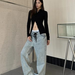Light Blue Ripped Straight-Leg Jeans with Tie-Up Wide-Leg, Retro American Style, Slimming Floor-Length Trendy Pants