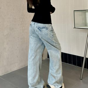 Light Blue Ripped Straight-Leg Jeans with Tie-Up Wide-Leg, Retro American Style, Slimming Floor-Length Trendy Pants