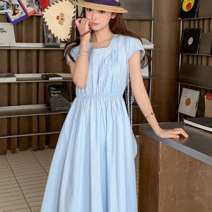 Light Blue Square Collar Waist-Defining A-Line Dress for Women - 2025 Summer French Style Vacation Long Skirt