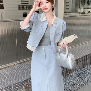 Light Blue Striped Patchwork Two-Piece Jacket and Skirt Set for Women – 2025 Summer Korean Style Elegant Casual Outfit