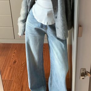 Light Blue Wide-Leg Denim Pants for Summer, Vintage Washed High-Waisted Loose-Fitting Straight-Leg Trousers, Versatile Y2K Style