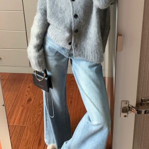 Light Blue Wide-Leg Denim Pants for Summer, Vintage Washed High-Waisted Loose-Fitting Straight-Leg Trousers, Versatile Y2K Style