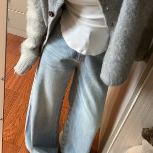 Light Blue Wide-Leg Denim Pants for Summer, Vintage Washed High-Waisted Loose-Fitting Straight-Leg Trousers, Versatile Y2K Style