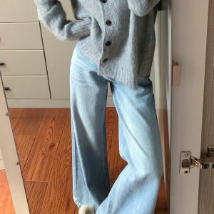 Light Blue Wide-Leg Denim Pants for Summer, Vintage Washed High-Waisted Loose-Fitting Straight-Leg Trousers, Versatile Y2K Style