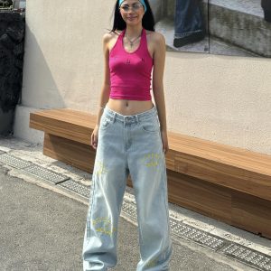 Light Blue Wide-Leg Denim Pants with Retro Letter Embroidery - Slim Fit, Floor-Length, Vintage American Style