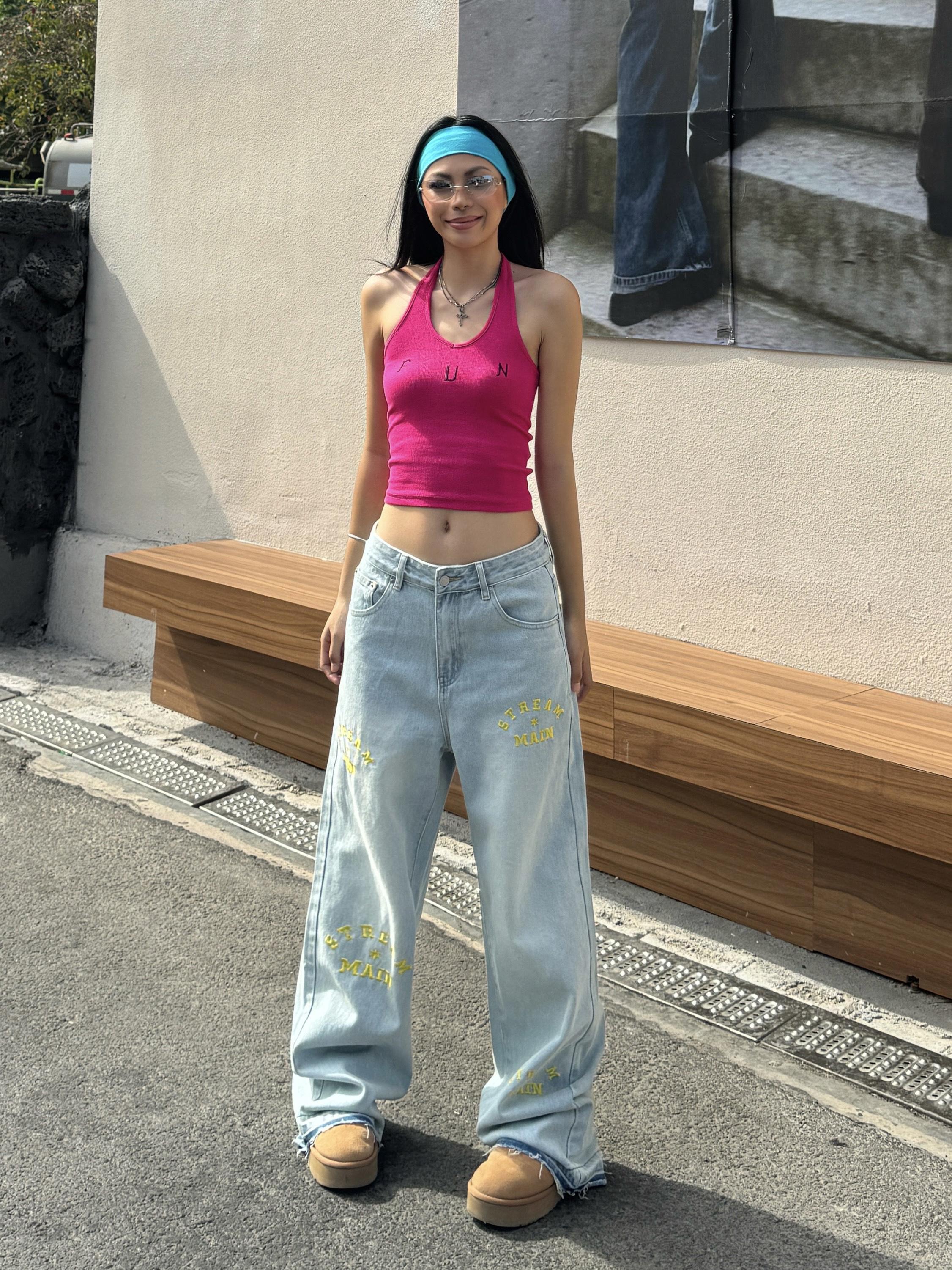 Light Blue Wide-Leg Denim Pants with Retro Letter Embroidery - Slim Fit, Floor-Length, Vintage American Style