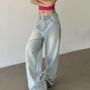Light Blue Wide-Leg Denim Pants with Retro Letter Embroidery - Slim Fit, Floor-Length, Vintage American Style