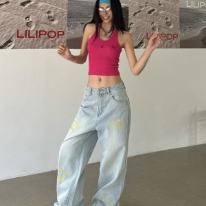 Light Blue Wide-Leg Denim Pants with Retro Letter Embroidery - Slim Fit, Floor-Length, Vintage American Style