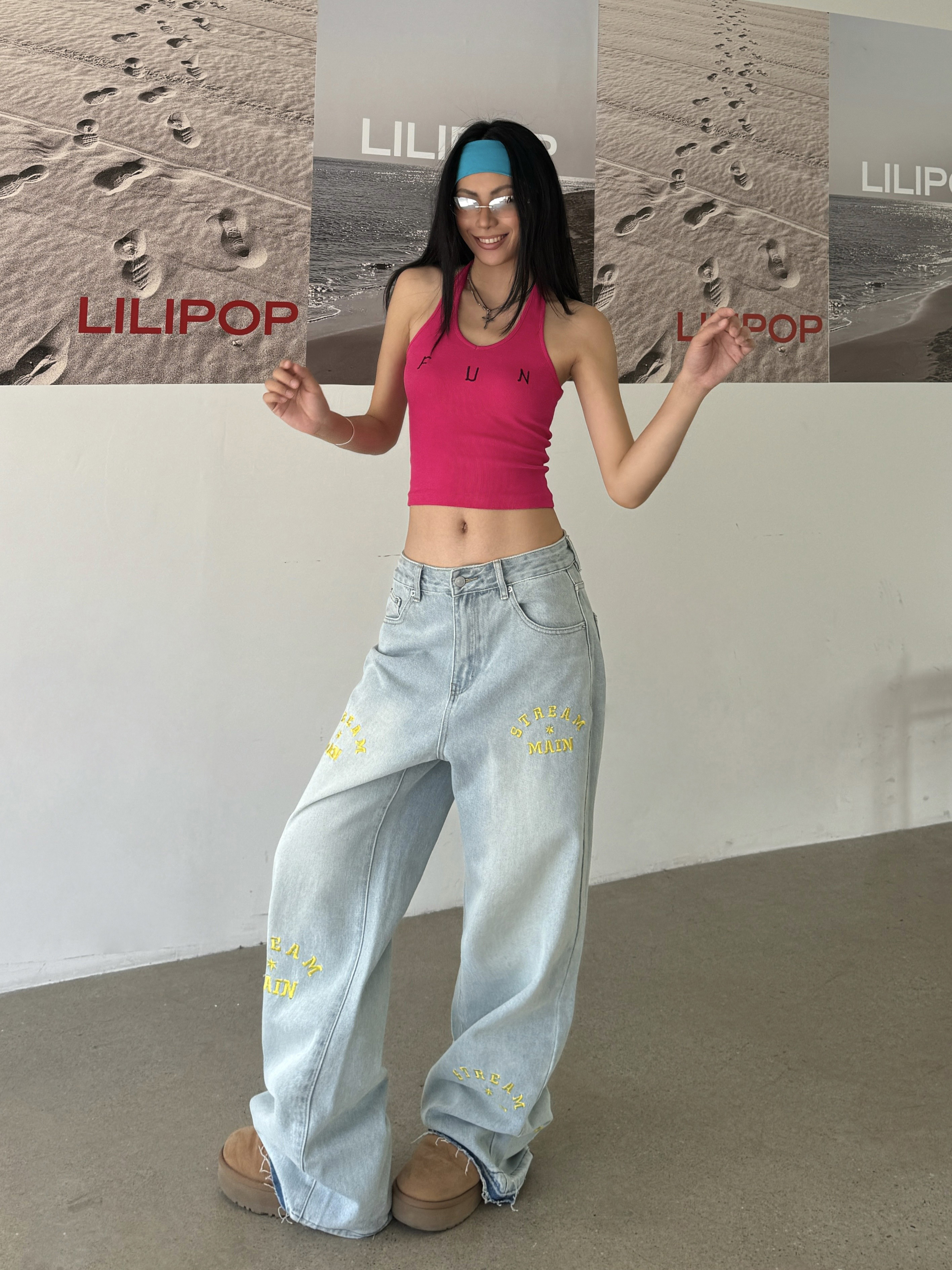 Light Blue Wide-Leg Denim Pants with Retro Letter Embroidery - Slim Fit, Floor-Length, Vintage American Style