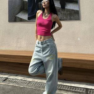Light Blue Wide-Leg Denim Pants with Retro Letter Embroidery - Slim Fit, Floor-Length, Vintage American Style