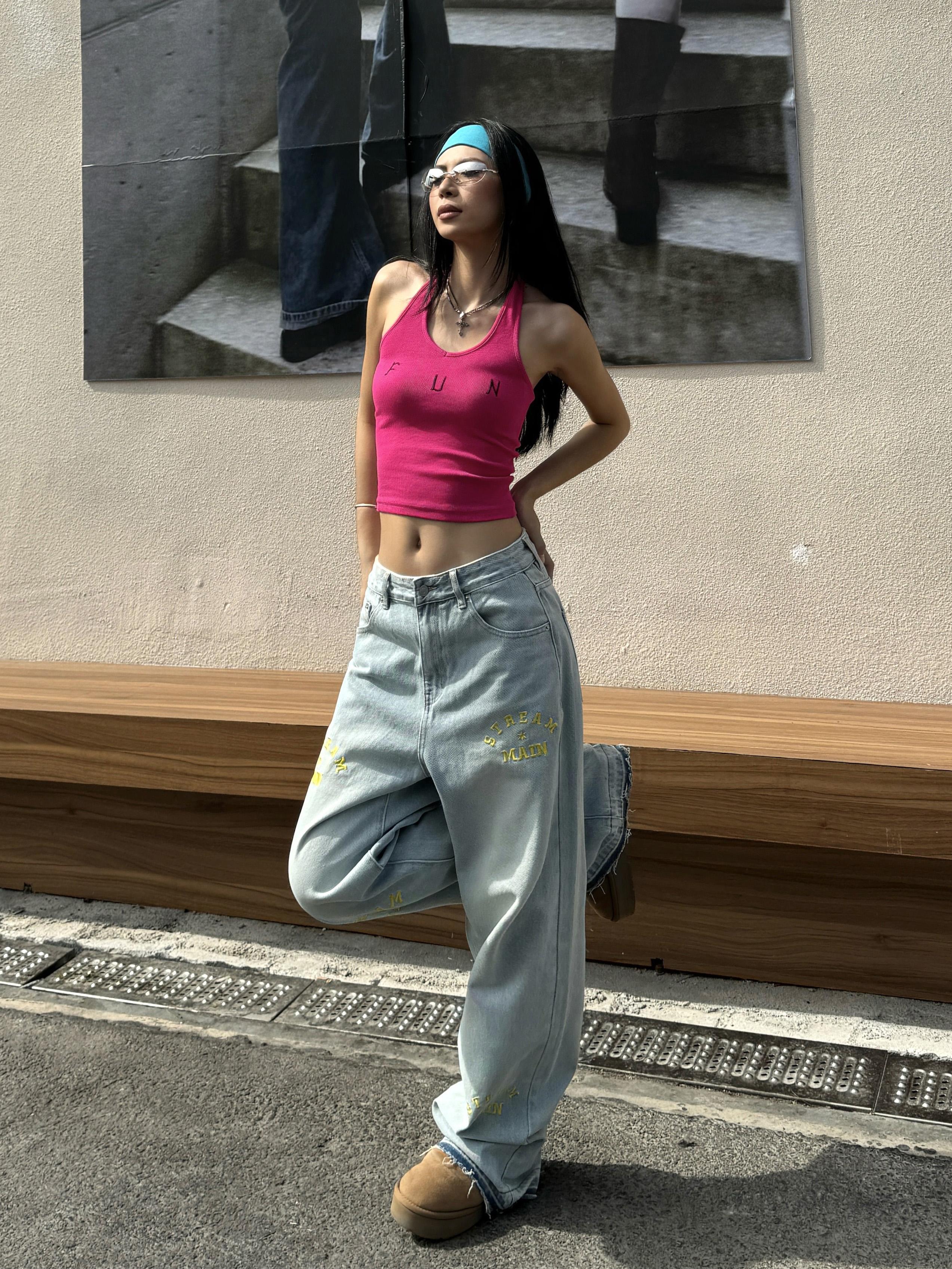 Light Blue Wide-Leg Denim Pants with Retro Letter Embroidery - Slim Fit, Floor-Length, Vintage American Style