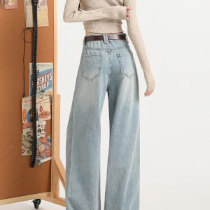 Light Blue Wide-Leg Jeans for Women - High-Waisted, Plush, Slim-Fit, Loose Draped Floor-Length for Autumn Winter 2024
