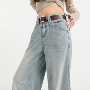 Light Blue Wide-Leg Jeans for Women - High-Waisted, Plush, Slim-Fit, Loose Draped Floor-Length for Autumn Winter 2024