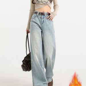 Light Blue Wide-Leg Jeans for Women - High-Waisted, Plush, Slim-Fit, Loose Draped Floor-Length for Autumn Winter 2024