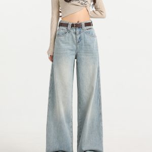 Light Blue Wide-Leg Jeans for Women - High-Waisted, Plush, Slim-Fit, Loose Draped Floor-Length for Autumn Winter 2024