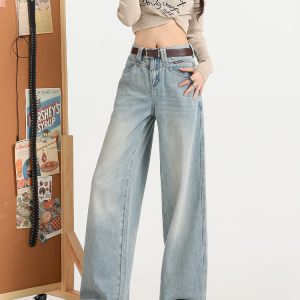 Light Blue Wide-Leg Jeans for Women - High-Waisted, Plush, Slim-Fit, Loose Draped Floor-Length for Autumn Winter 2024