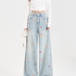 Light-Colored Embroidered Wide-Leg Denim Pants for Women - 2024 Autumn/Winter Plush Loose Straight Floor-Length Style