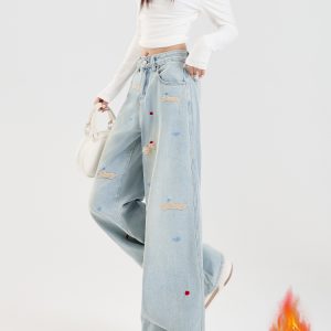 Light-Colored Embroidered Wide-Leg Denim Pants for Women - 2024 Autumn/Winter Plush Loose Straight Floor-Length Style