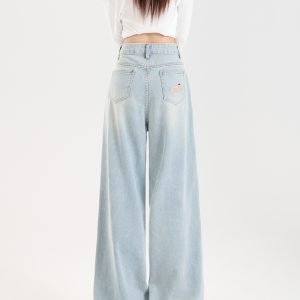 Light-Colored Embroidered Wide-Leg Denim Pants for Women - 2024 Autumn/Winter Plush Loose Straight Floor-Length Style