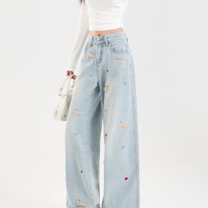 Light-Colored Embroidered Wide-Leg Denim Pants for Women - 2024 Autumn/Winter Plush Loose Straight Floor-Length Style