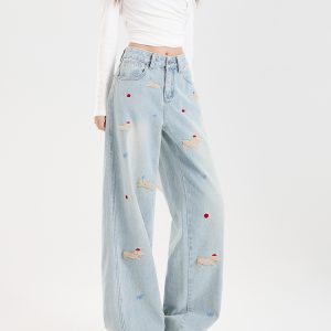 Light-Colored Embroidered Wide-Leg Denim Pants for Women - 2024 Autumn/Winter Plush Loose Straight Floor-Length Style